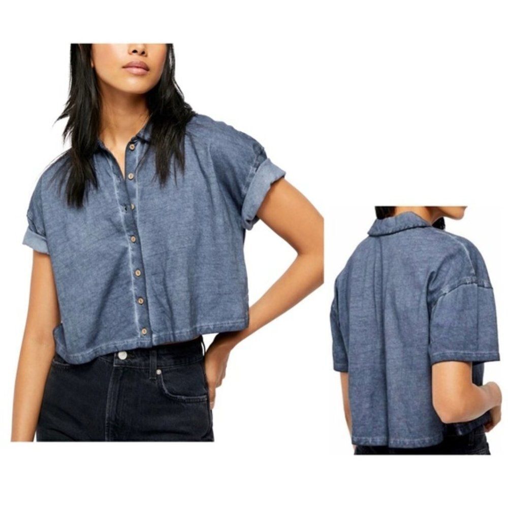 Free People Weekend Rush Short Sleeve Top Navy - Size Small